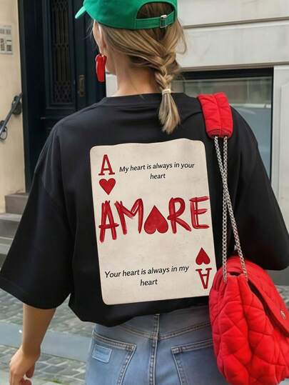 1 Stück Damen Sommer Rundhals Kurzarm T-Shirt mit "Ass der Herzen" Poker Aufdruck, vintage locker lässig. Geeignet für Sommer, Strand, Straße, Alltag, Arbeit, Büroparty, Urlaub, Karneval, Musikfestival, Valentinstag, Party