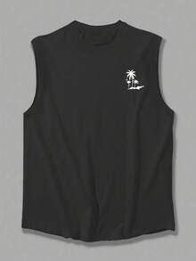 1 chiếc áo tank top nam cổ tròn in hình cây dừa, kiểu dáng thường ngày, thích hợp cho mùa hè. - Màu xám đen - Xem 4