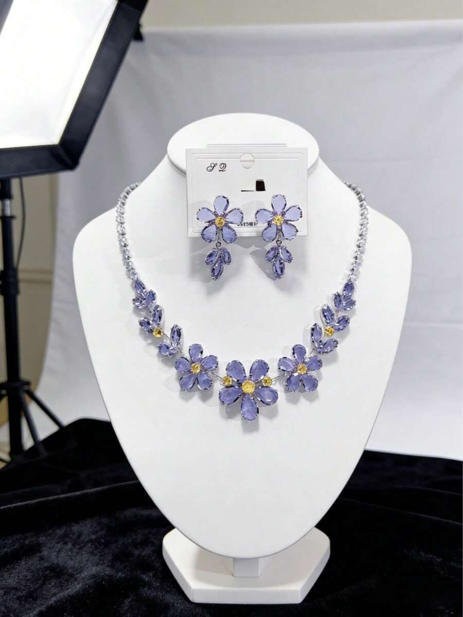 1 Set Plum Blossom Zirconia Necklace & Earrings Set - Multicolor - View 1