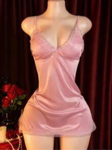 Purely Sensual And Relaxed, This Silky Satin Lace Halter Dress With A Bow And Is A Seductive Home Sleepwear Dress. - Hồng - Xem 5