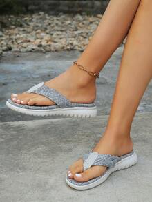 Women's Thong Style Flatform Sandals, Woven Fabric Toe Post Slide Sandals, Lightweight Casual Summer Shoes - Grey - View 3
