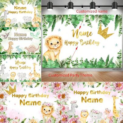 SuzanneHome Custom Name Jungle Safari Animals Happy Birthday Backdrop Banner, Photo Booth Background For Boys Girls 1st Birthday Baby Shower Party Decor