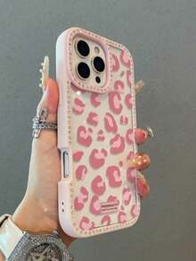 适用于 17 Air 16 15 14 Plus 13 12 11 Pro Max 的双面镶钻亚克力硬壳豹纹纯色手机壳（1 件装） - 粉色 - 查看 2