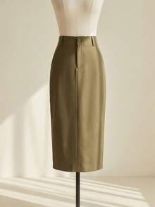 Elegant Formal Ensemble Consisting Of A V-Neck Vest With Tie Detail And A Midi Skirt With A Slit | Sophisticated Cut | Marrant - 軍綠色 - 查看 7