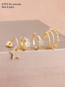 New Design 18K Gold Plated Star Hoop Earrings Set For Women Cubic Zirconia Multi-Storey Ear Clip Ear Stud Cartilage Piercing Jewelry - 4pcs for One Ear - View 6