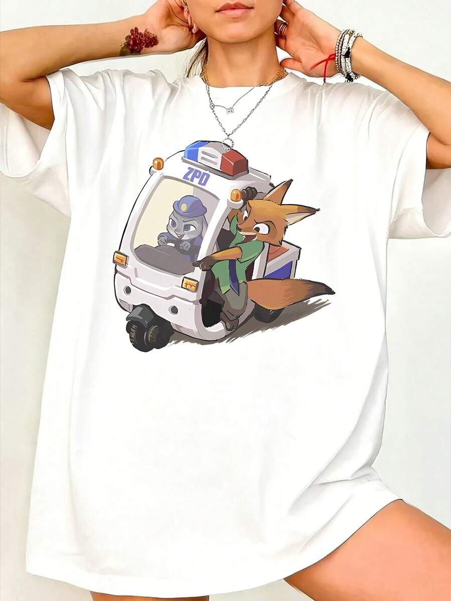 Disney Women's Casual Cotton Round Neck Short Sleeve Regular Length Zootopia Graphic T-Shirt - White - View 1
