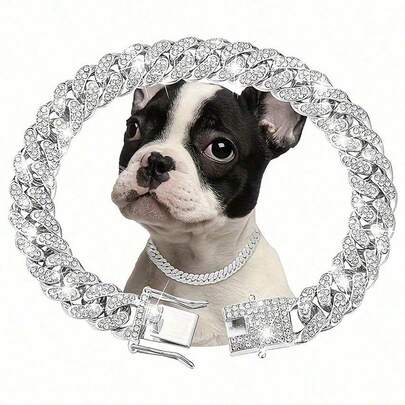 Pet Necklace, Cuban Chain Dog Collar, Puppy Chain, Cuban Chain Inlaid With Artificial Diamonds, Pet Decorative Chain Accessories, Pet Jewelry