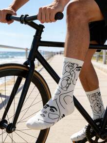 1 Pair Men's White Base Face Line Pattern Mid-Calf Socks, & Versatile For Daily Wear, All Seasons - Black and White - View 7