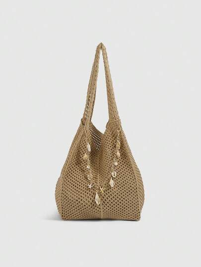 Minimalist Luxury Women's Shoulder Tote Bag, Hollow Design With Detachable Shell Chain Decor, Suitable For Beach Vacation, Travel, Large Capacity, Washable, Portable, Two Carrying Ways, Foldable