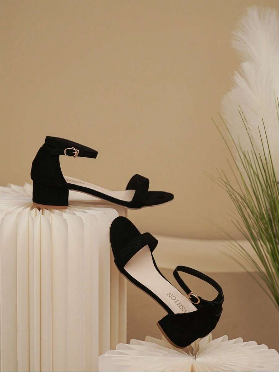 1 双时尚优雅的露趾低跟踝带凉鞋，适合青少年，夏季 - 黑色 - 查看 1