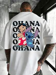 Disney Men's Casual T-Shirt, Lilo & Stitch "OHANA" Print, Heartfelt & Nostalgic Design, Perfect For Family & Daily Wear - White - View 1