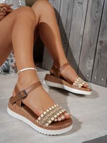 2026 Summer New Thick Bottom Wedge Sandals For Women, Strap Design Suitable With Dresses, French Chic Bohemian Beach Roman Shoes - Brown - View 2