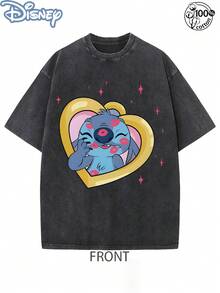 Disney Officially Licensed Graphic T Shirts 100 PercDisney Officially Licensed Graphic T Shirts 100 Percent Cotton Disney Shirt, Stitch & Angel Heart Gift Box Couple T-Shirt, Unisex, Washed 230g, Retro Vintage, Crew Neck, Comfortable Teeent Cotton Disney Shirt, Stitch & Lilo Couple T-Shirt, Unisex, Washed 230g, Summer Retro, "Where I Go Trouble Follows" Print, Daily Wear - Black 2 - View 2