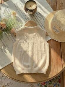 女童条纹领无袖针织套头衫，休闲校园风，适合春、夏、初秋穿着 - 杏色 - 查看 6