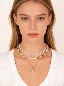 3件套时尚波西米亚风星星和仿珍珠项链套装，适合日常佩戴、约会、派对、情人节、母亲节礼物 - 彩色 - 查看 4