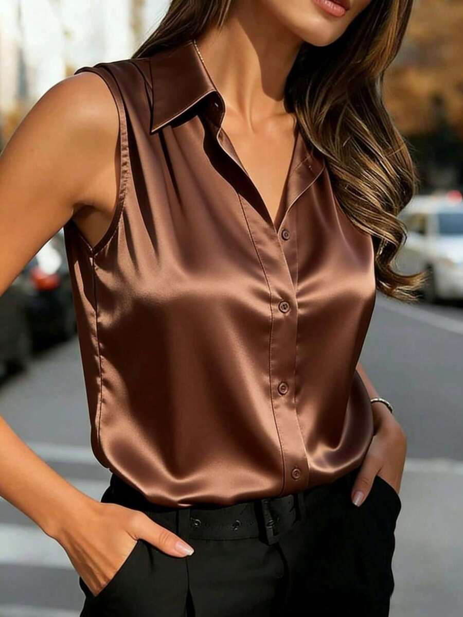 Women's Satin Shirt, Sleeveless Front-Button Shirt Collar Top, Non-Stretch Regular Fit, Suitable For Summer, Spring, And Autumn - Brown - View 1