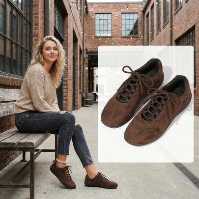 2026 Spring/Summer New Lace-Up Casual Women's Flat Shoes, Comfortable Slip-On Breathable Perforated Ballet Style Sneakers, Retro Round Toe Suede Sporty Sandals, Plus Size