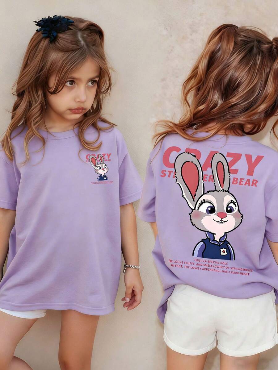 Disney-Disney Zootopia Judy Themed Children's Short Sleeved T-Shirt With Double-Sided Printed Design On The Front And Back, Loose Round Neck Silhouette, Girls' Summer Breathable Top - Mauve Purple - View 1