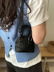 Bolso de mano mini de moda, bolso de concha pequeño de unicolor y textura de litchi versátil y elegante para mujer con correa de hombro ajustable - Negro - Ver 4