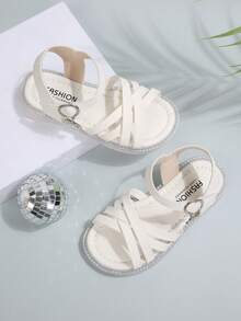 Girls' White Roman Sandals, Criss-Cross Strap Glitter Trim Princess Shoes - White - View 2
