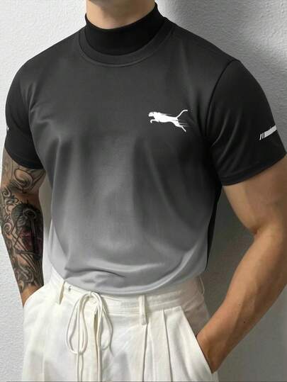 2026新款男士运动渐变T恤，短袖印花T恤，时尚豹纹图案，舒适男士夏季户外运动T恤，轻盈透气男士短袖T恤，休闲日常穿着，夏季时尚休闲短袖T恤