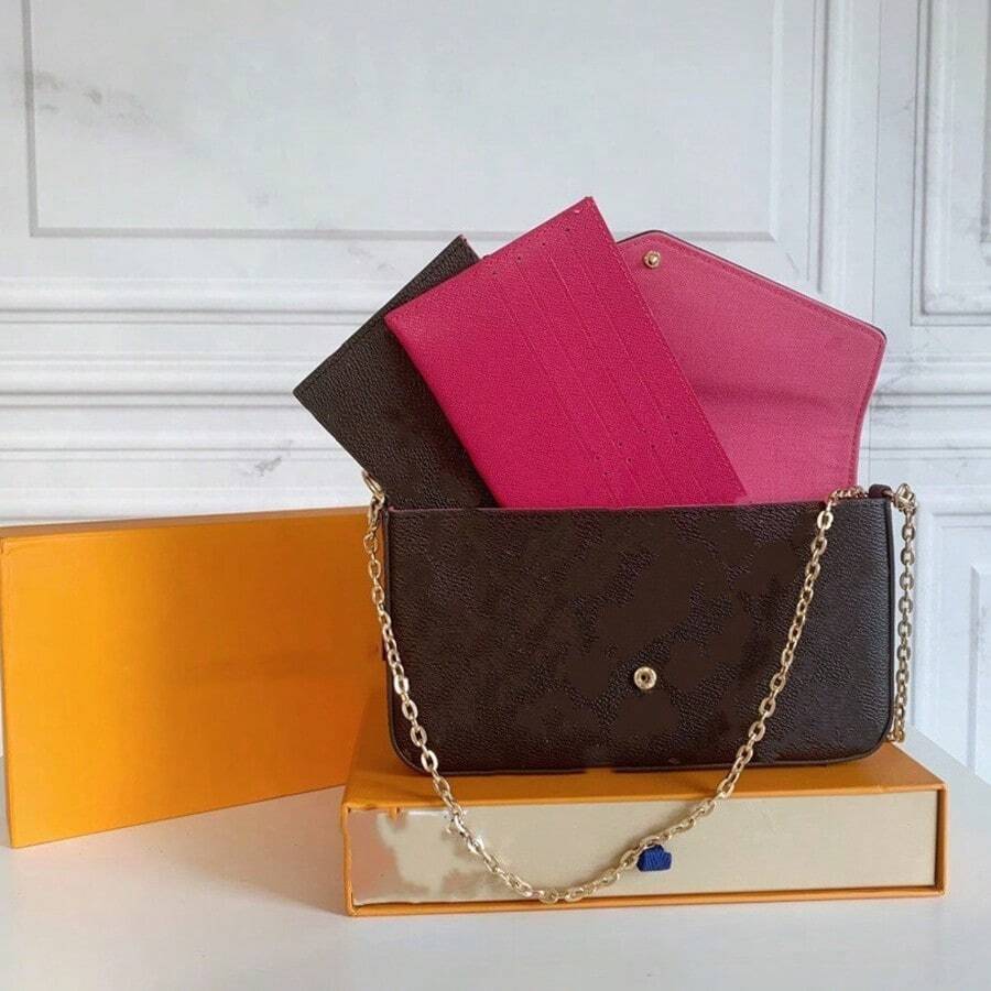 LOUIS - Bag, European And American Fashion Style With Vintage Flowers, 3-In-1, Classic Three-Piece Mahjong Bag With Shoulder Chain - 老花玫紅 - 查看 1