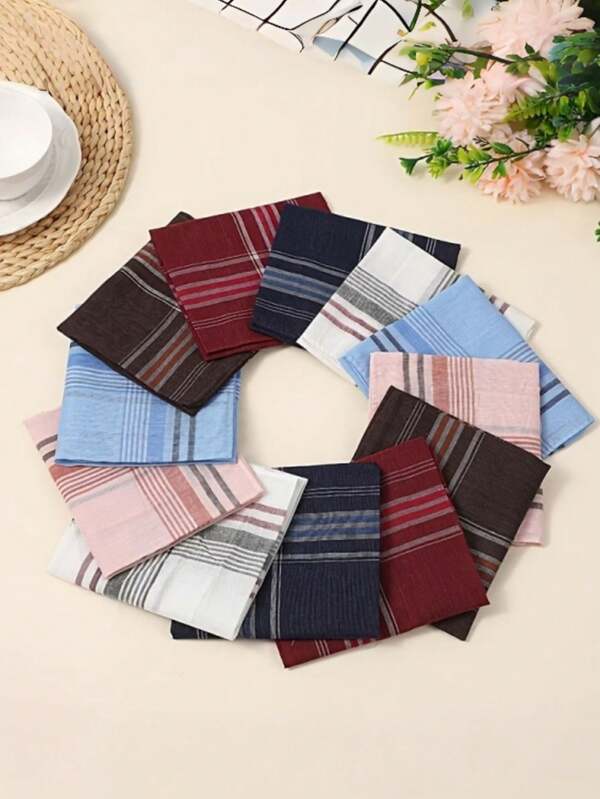 24pcs Classic Men's Absorbent Plaid Handkerchiefs, Thin Vintage Style Handkerchiefs, Suitable For Elderly Men And Women, Small Sweat Wiping Squares