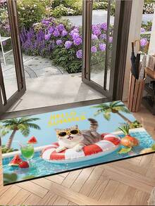 1件装夏季度假主题门垫，地毯鞋底刮泥垫/门垫，户外门垫，吸水防滑浴室垫，客厅地毯，迎宾垫，猫咪戴时尚眼镜躺在救生圈图案上，条纹地毯，玄关门垫，厨房入口垫，走廊防滑地毯，夏季迎宾脚垫，卡通猫咪设计门垫 - 夏日喵趣 - 查看 6