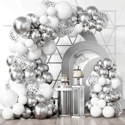 79pcs Modern Style Balloon Arch Kit, Includes 18", 10" And 5" Metallic Silver, White And Glitter Natural Latex Balloons. Suitable For New Year, Christmas, Wedding, Grand Opening, Anniversary, Graduation, Business Events, Awards Ceremony, Party Celebration And More
