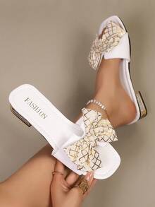 女士夏季新款白色格子蝴蝶结凉鞋，时尚优雅厚底套脚拖鞋，适合日常穿着和约会。 - 白色 - 查看 1