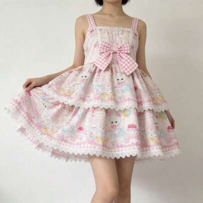 一件洛丽塔风格可爱粉色兔子图案吊带连衣裙，适合节日派对、演出及所有节日（包括情人节）、日常穿着、万圣节、派对等场合。
