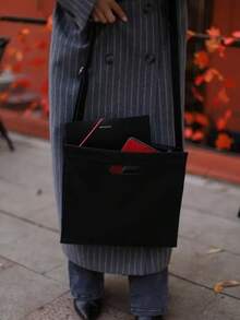 极简公文包手提包、电脑包、通勤文件包、小众手提单肩斜挎大容量工作包 - 黑色 - 查看 9