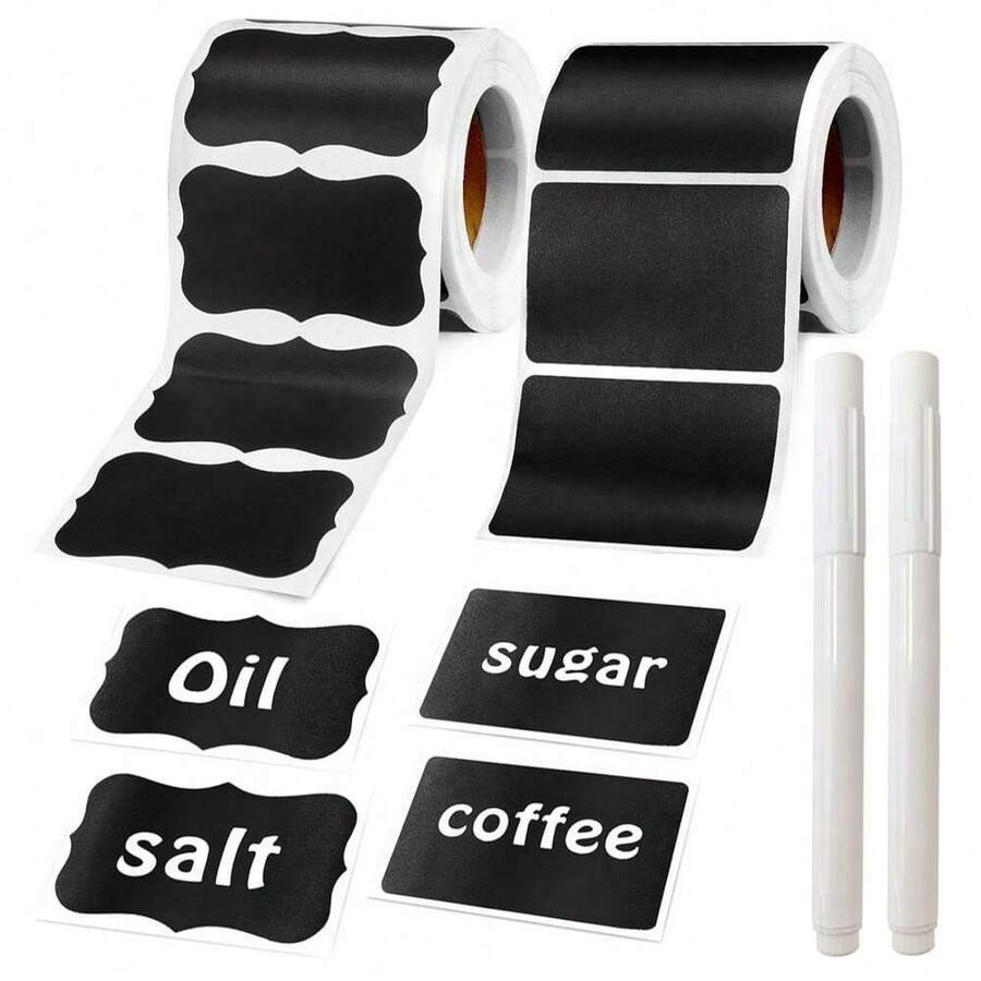 120pcs Reusable Waterproof Labels - Black Self-Adhesive Stickers, Suitable For Kitchen Containers, Spice Jars And Food Storage Boxes - Wave Pattern Design, Includes 1 White Chalk, Applicable For Mason Jars, Party Decorations, Crafts, Weddings, Storage, Glass Bottles, Home Kitchen Supplies (Essential For Kitchen Organization)