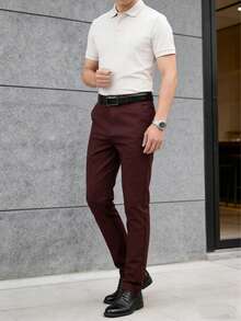 Pantalones formales de negocios de unicolor para hombres, pantalones rectos de negocios, adecuados para todas las estaciones, ocasiones casuales y formales - Burdeos - Ver 3