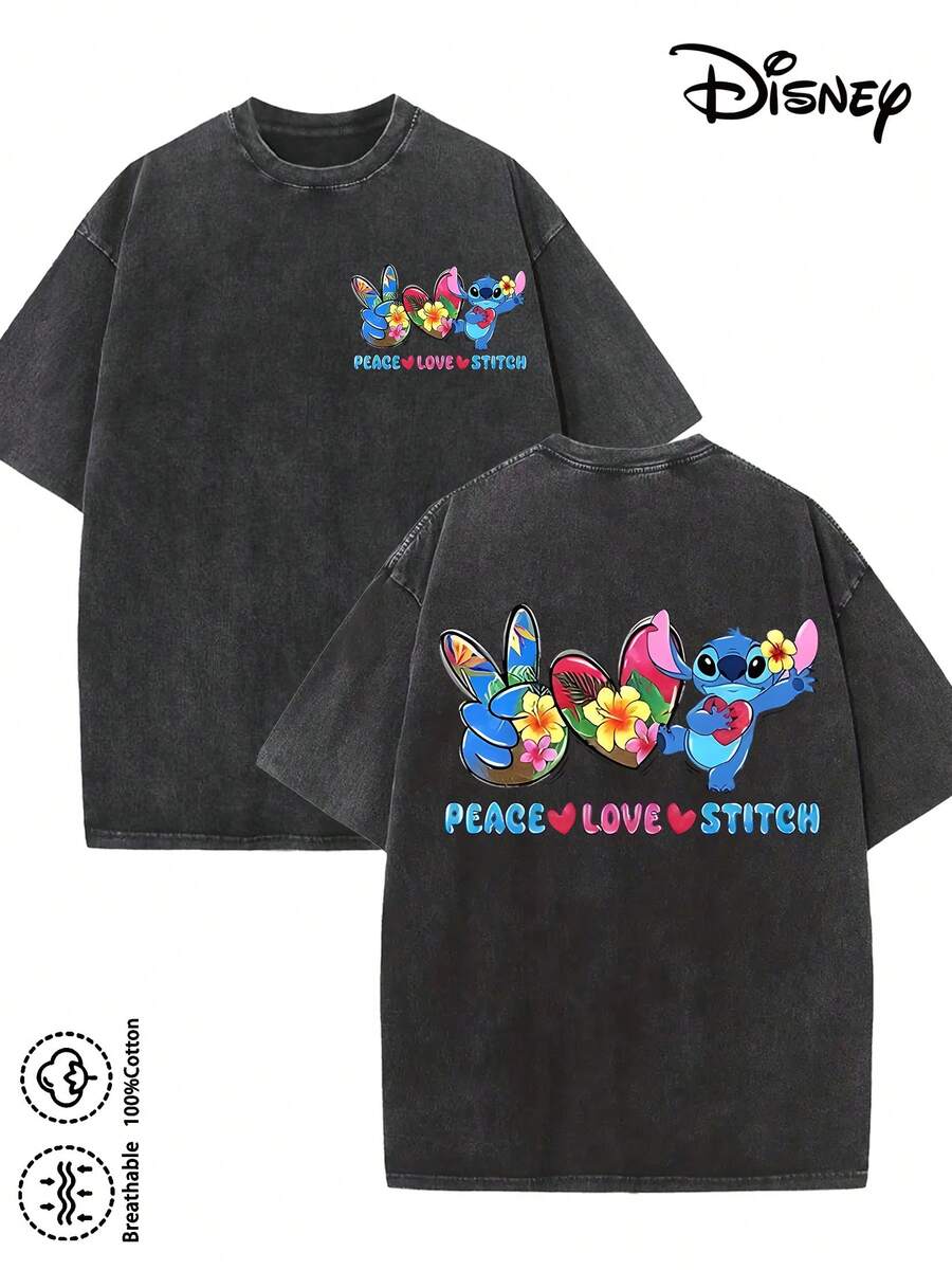 Disney-Licensed Men's Cotton T-Shirt For The 2026 Family Holiday. Featuring A Stitch Motif, Washed Crew Neck, Soft And Comfortable Feel, Easy Care And Suitable For Various Occasions Such As Holidays, Everyday Life And Commuting – Full Of Festive Spirit. - 黑色 - 查看 1