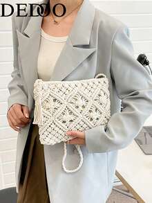 夏季时尚百搭休闲手工编织大容量沙滩草编斜挎包 - 白色 - 查看 9