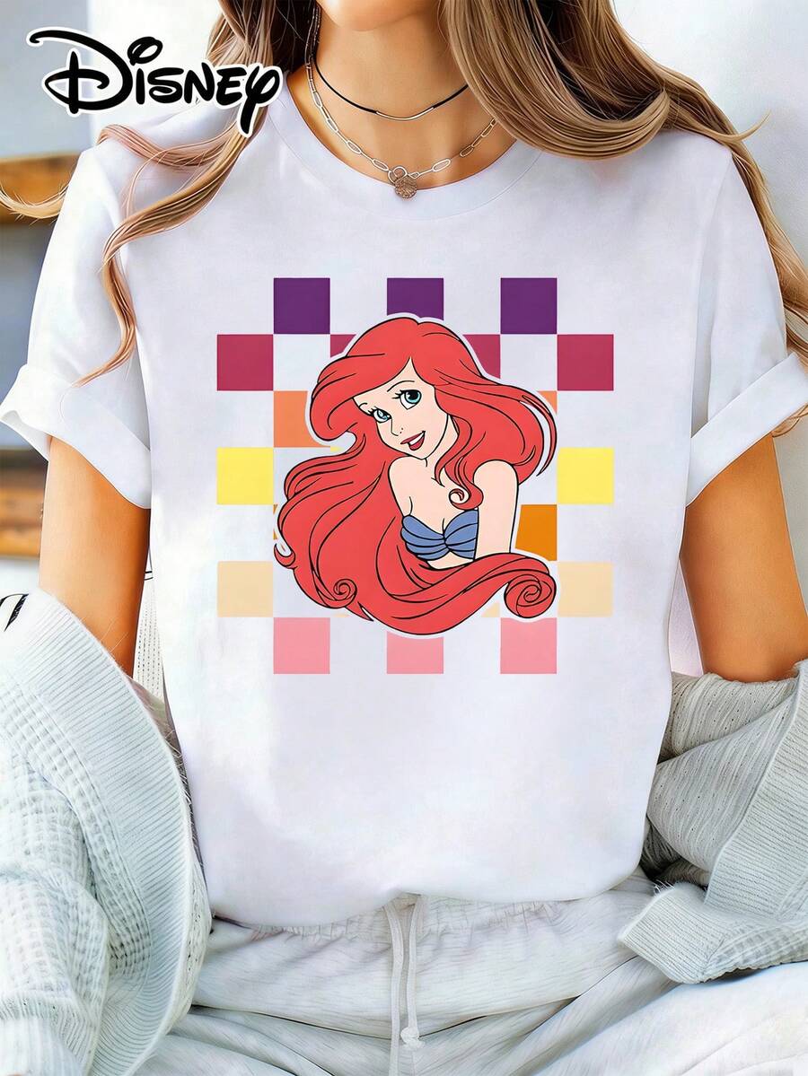 Women's Disney The  Ariel Graphic T-Shirt, Casual Cotton Short Sleeve Round Neck Tee With Checkerboard Print - 白色 - 查看 1