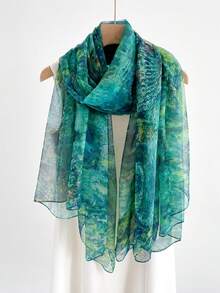 1条绿色雪纺围巾，女士款，轻盈百搭，春秋皆宜，艺术旅行防晒披肩颈巾 - 綠色 - 查看 5