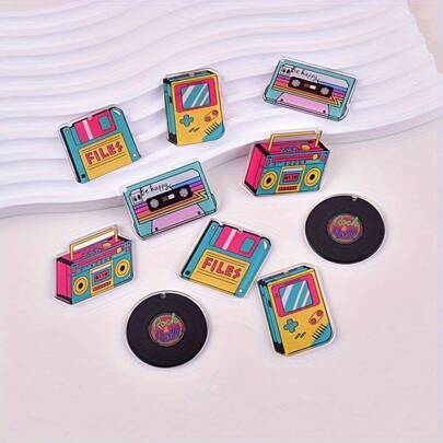10pcs Retro Radio, Vinyl Record, Cassette Tape Acrylic DIY Pendant, Earrings, Necklace Jewelry Accessories