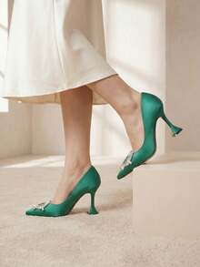 Women's Sparkling Rhinestone Satin Pumps - 3.5 Inch Pointed Toe High Heels - Green - màu xanh lá - Xem 5