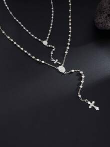 2pcs Fashionable Casual Minimalist Cross Pendant Necklace Set, Personalized Hiphop Beaded Chain Y-Necklace, Suitable For Daily Wear, Party, Holiday Gift - Y-shaped Long Necklace - View 7