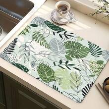 1pc Mint Green Leaf Pattern Absorbent Non-Slip Kitchen Counter Drying Mat, Heat Resistant Coffee Bar Decor - The Language Of Mint Green Leaves - View 12