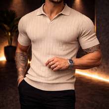 Men's Chic Lightweight Textured Knit Sweater Shirt, High Quality, Perfect For Autumn And Winter, Father's Day. - Beige - View 1
