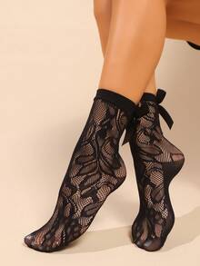 2 pares de calcetines finos para tobillo de mujer, con estampado floral y diseño de lazo, calcetines cortos para damas - Negro - Ver 6