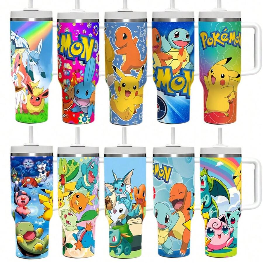 40oz Pokemon Themed Insulated Tumbler Cup With Straw, Creative 2nd Generation Design - Multicolor - View 1