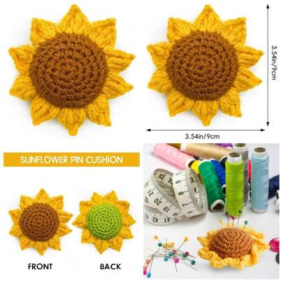 Handmade Knitted Sunflower Pin Cushion Cute Sewing Quilting Needle Holder DIY Craft Patchwork Decor