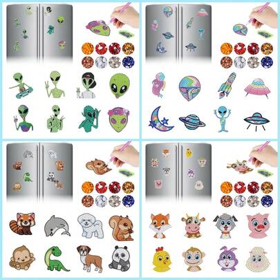 8 piezas Kits de pintura de diamantes Imanes para nevera, con patrones temáticos de alienígenas y animales, de material acrílico, decoración de cristal de strass que se puede colocar en la nevera, armario de bar o cualquier superficie magnética