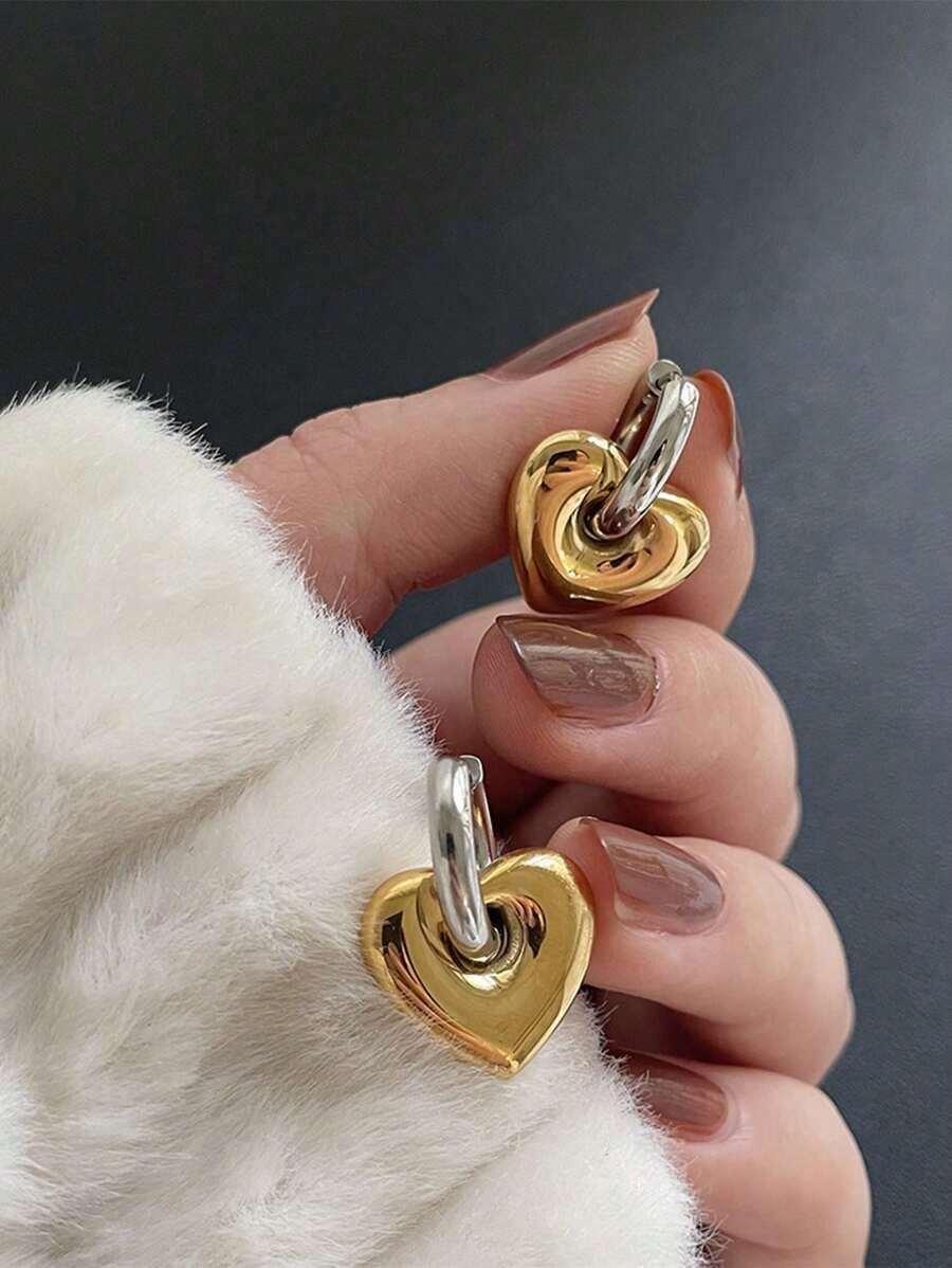 Stainless Steel Waterproof Vintage Gold & Silver Dual-Color Heart Shaped Earrings, Ideal For Women For Daily Wear Valentines,Mom,Mother,Mother's Day,Gift - 金色雙色 - 查看 1