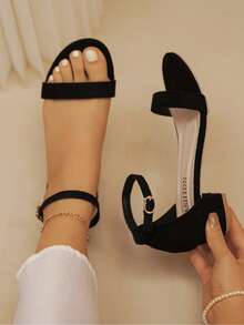 1 双时尚优雅的露趾低跟踝带凉鞋，适合青少年，夏季 - 黑色 - 查看 7