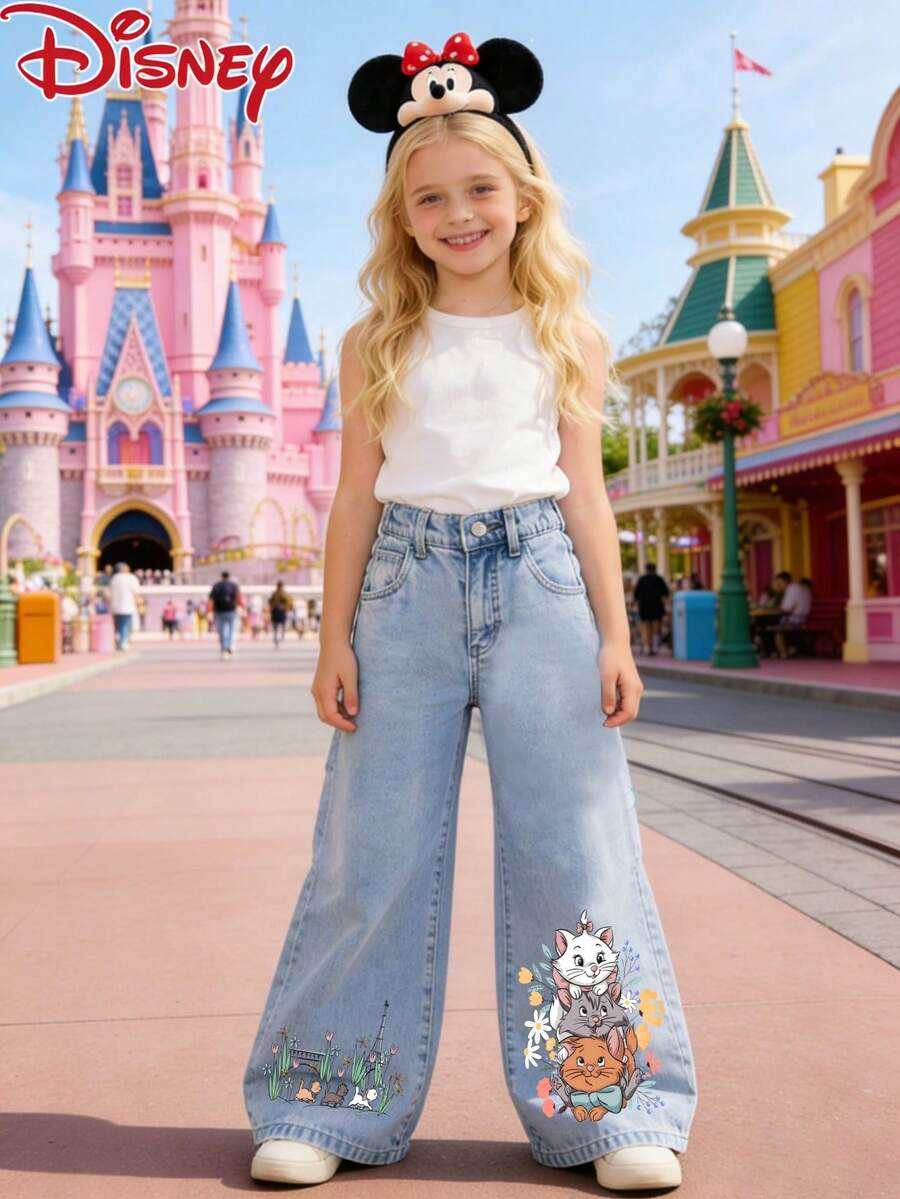 Disney-Branded Licensed Girls Children's Jeans, The Aristocats Group Portrait And Paris Street Scene Patterned And Printed, Straight-Leg Pants For Teenagers In Spring/Summer, Casual, , Cool, And Versatile Denim Pants - Light blue - 查看 1